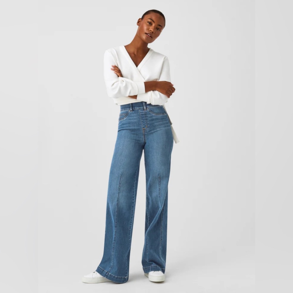 Spanx Seamed Front, Wide Leg Jeans Size 1X Petite 16 18 Vintage Indigo